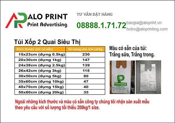 Quy cách in bao bì túi xốp 2 quai siêu thị